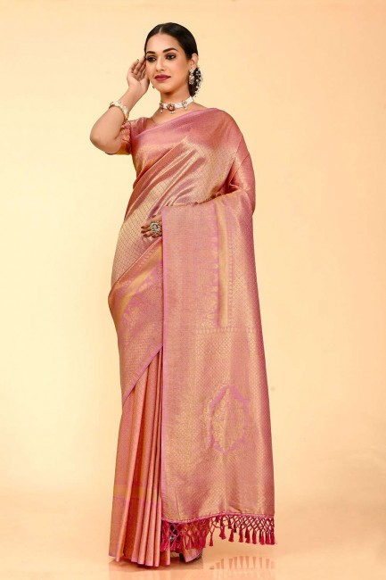 karva chauth saris rose dans la soie tissée