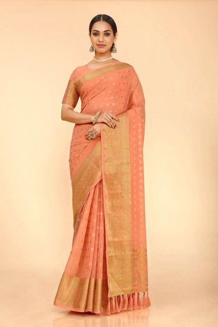 sari karva chauth pêche en georgette et soie avec tissage