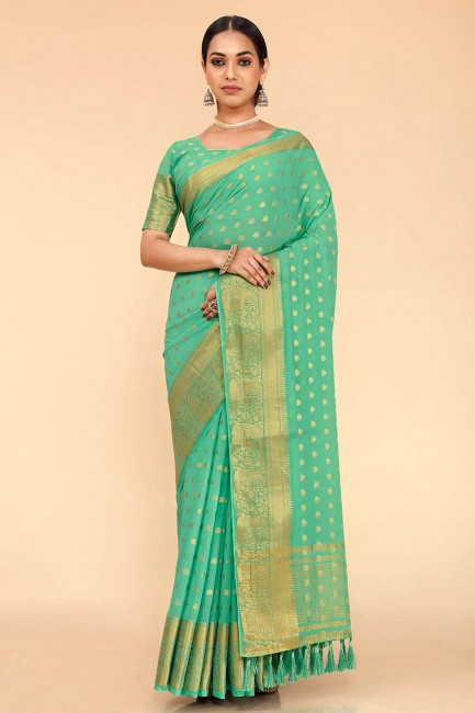 sari karva chauth turquoise avec tissage georgette et soie