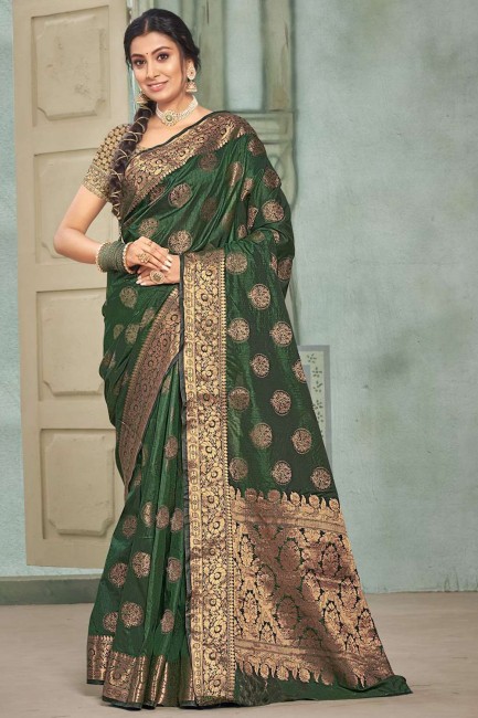 zari, tissage de coton, soie et organza vert karva chauth sari avec chemisier