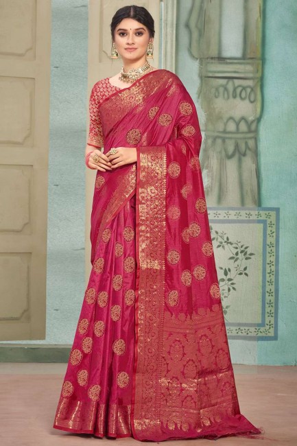 zari rose, tissage de coton, soie et organza karva chauth sari