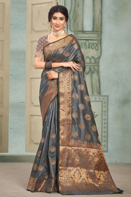 sari karva chauth gris en coton, soie et organza avec zari, tissage