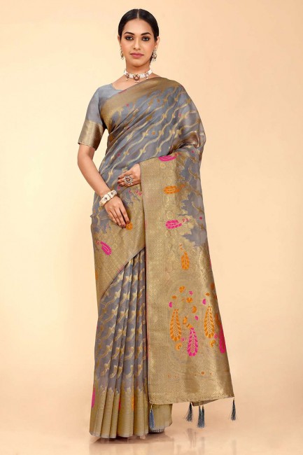 zari gris,tissage sari en coton,soie et organza