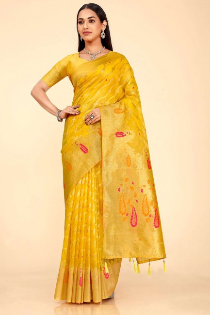 sari en coton, soie et organza jaune avec zari, tissage