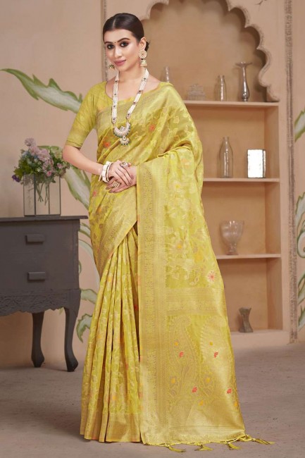 sari jaune en organza avec zari, tissage