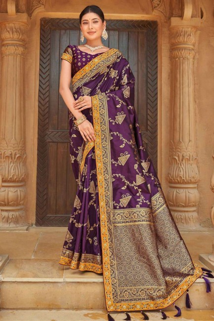  tissage, bordure de dentelle banarasi soie violet banarasi sari avec chemisier