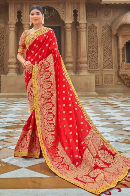 rouge, tissage, bordure en dentelle banarasi sari en soie banarasi