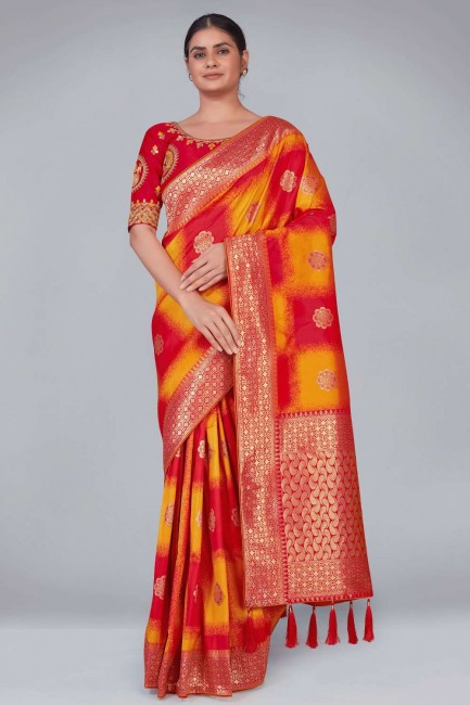 banarasi soie banarasi sari en rouge avec tissage