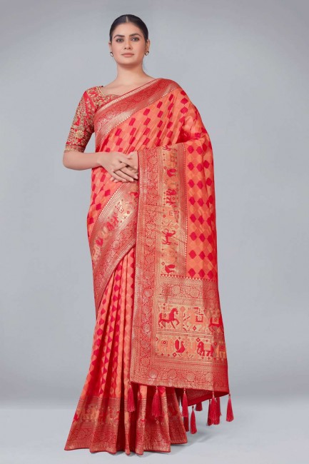 sari banarasi en soie banarasi rouge clair avec tissage