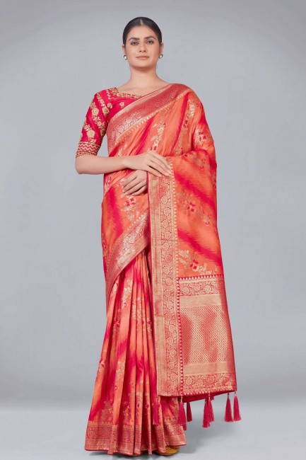 banarasi soie banarasi sari en orange avec broderie, tissage