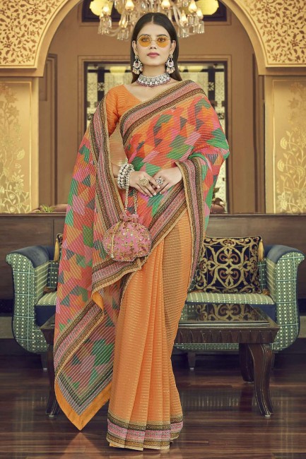 sari georgette en orange avec fil, brodé, imprimé