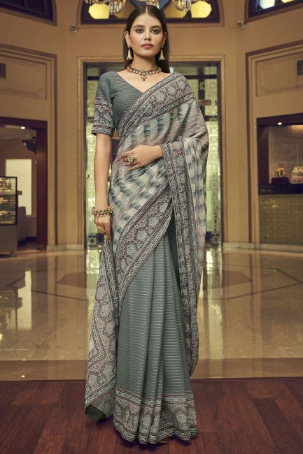sari en georgette grise avec fil, brodé, imprimé