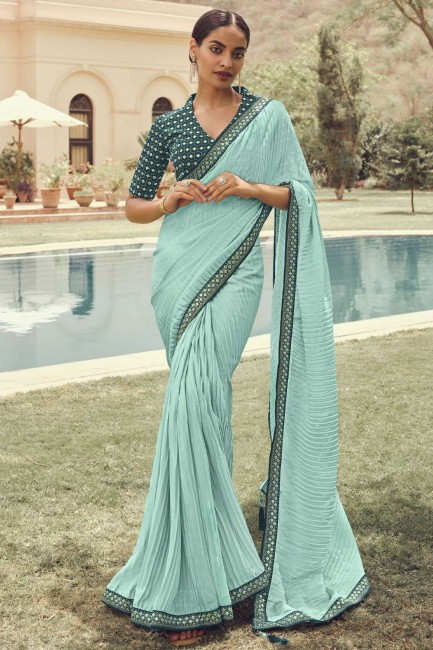 resham, zari, sari de soie brodé en aqua clair avec chemisier