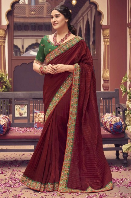 saris de soie marron avec resham, zari, miroir, brodé