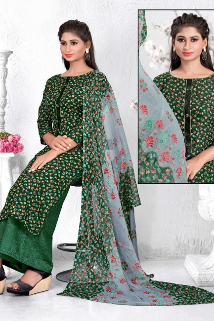 salwar kameez en coton vert imprimé avec dupatta