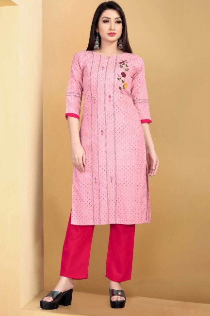 tissage de coton kurti droit rose avec dupatta