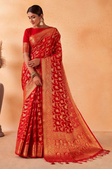 sari en georgette rouge avec tissage