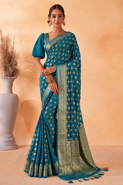 tissage georgette sari bleu sarcelle avec chemisier