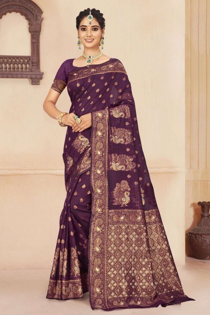 sari violet en coton avec tissage