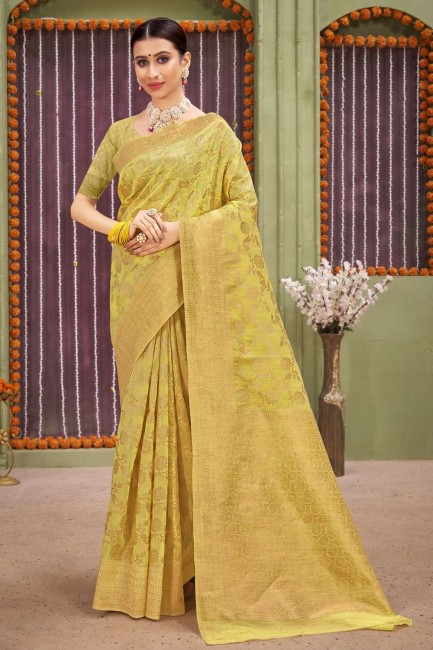 sari jaune avec tissage de lin