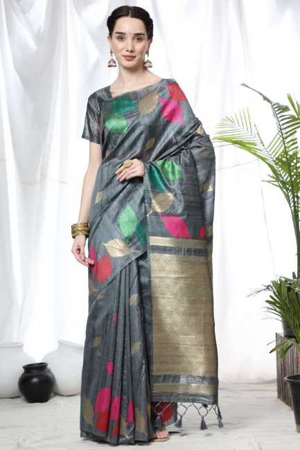 sari en soie tussar gris avec tissage