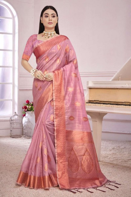 sari rose avec tissage organza