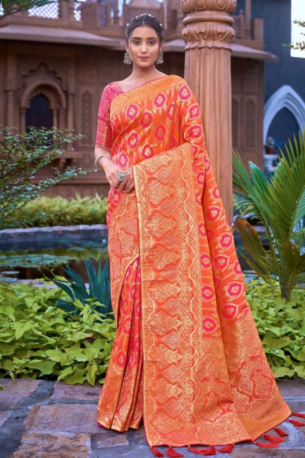 Tissage Banarasi Soie Banarasi Saris en orange avec chemisier