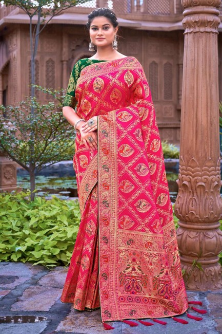 tissage banarasi soie banarasi sari en rose avec chemisier