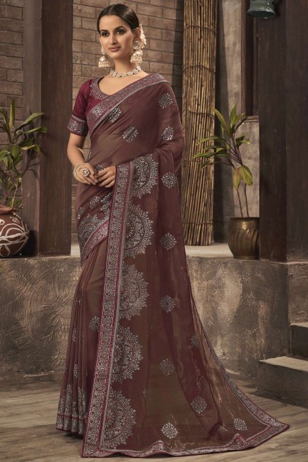 sari en organza marron clair avec zari brodé