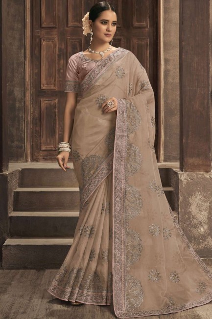 organza zari, sari beige brodé avec chemisier