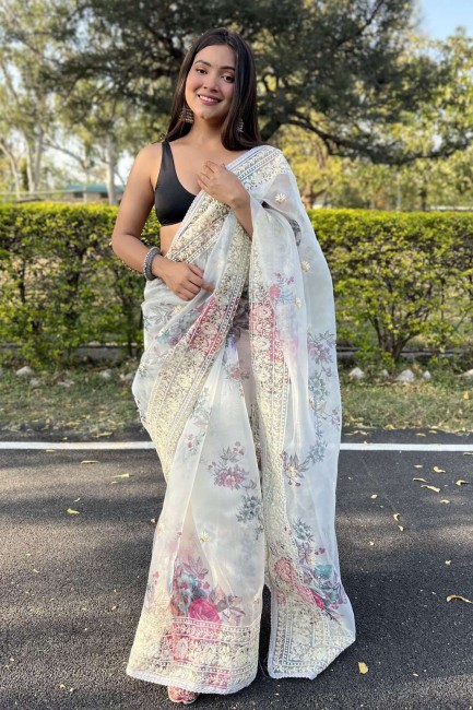 sari blanc avec organza brodé et imprimé numérique