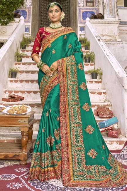sari de mariage vert d'eau avec zari, fil, soie d'art brodée
