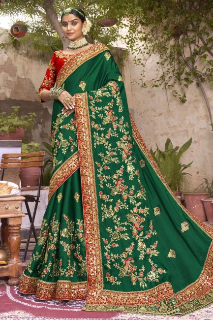zari en soie d'art, fil, sari de mariage vert brodé avec chemisier