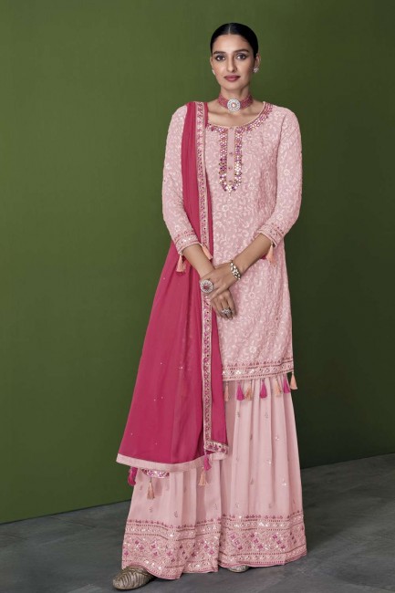 costume pakistanais en fausse georgette brodé en rose