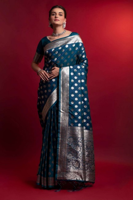 Saris bleu en soie avec tissage