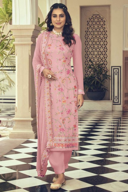 costume pakistanais rose avec fausse georgette imprimée