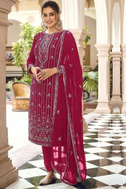 costume pakistanais imprimé en fausse georgette rose avec dupatta