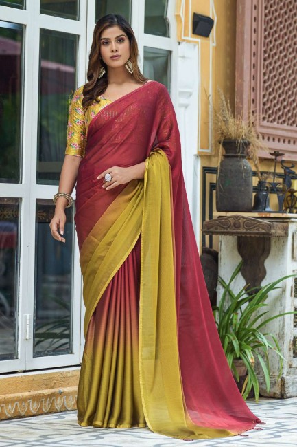 sari en mousseline marron avec uni