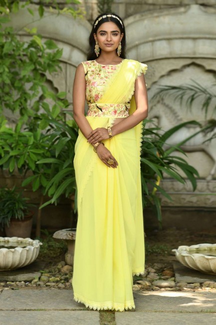 sari de fête en georgette jaune avec fil brodé