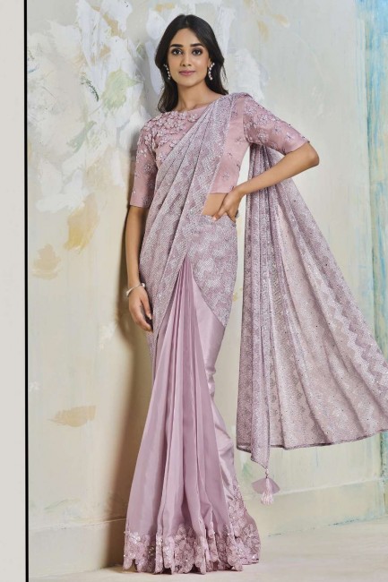 sari de soirée en soie rose avec fil, brodé