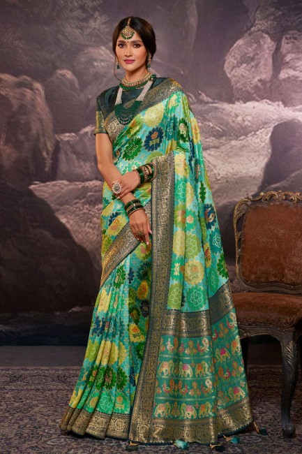 sari viscose turquoise en tissage, impression numérique