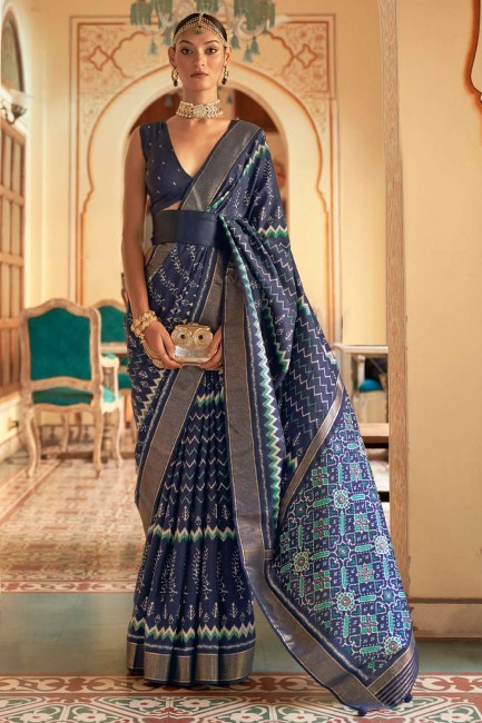 sari tissage imprimé bleu en soie patola