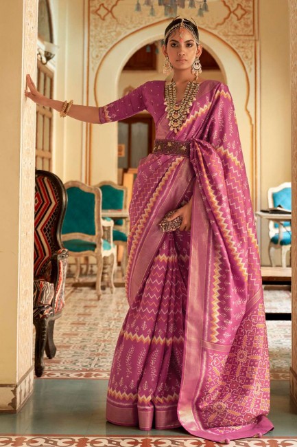 sari patola violet en soie avec imprimé, tissage