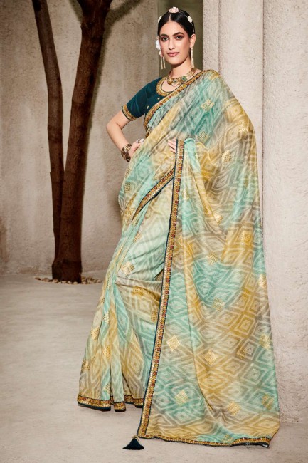 sari en soie multicolore avec resham, zari, imprimé