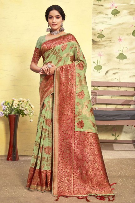 sari en coton vert avec tissage