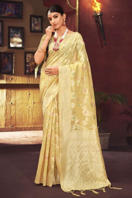 saris jaune tissé de soie avec chemisier
