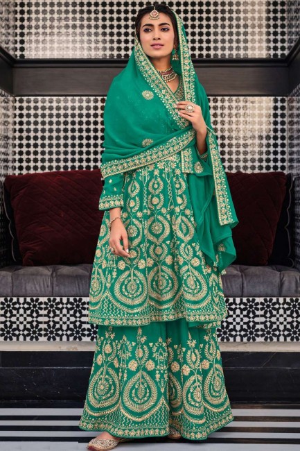 Costume Sharara vert mer en georgette brodée