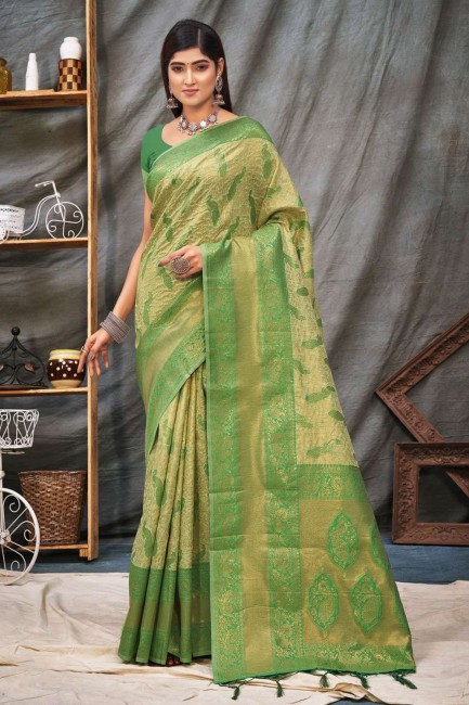 sari en organza vert avec tissage