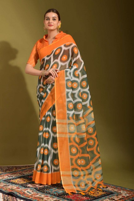 sari gris en lin imprimé avec chemisier