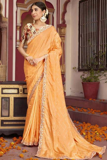 Saris de soie en orange avec imprimé, bordure en dentelle